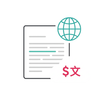 A globe beside currency and language symbols